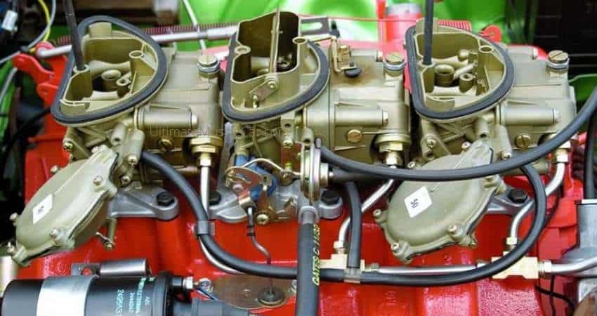 Six pack carburetors on a 440 from the passenger side.