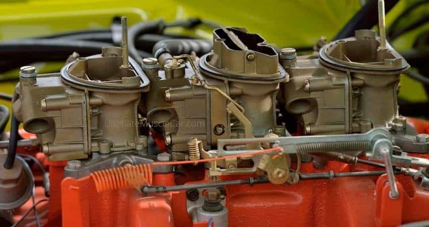 Photo of six pack carburetors on a 440 from the driver's side.