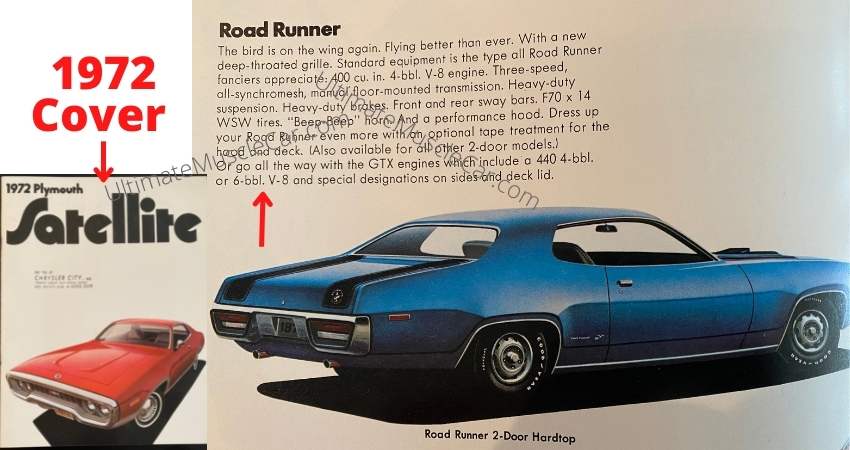 1972 Road Runner brochure indicating the 440 Six Barrel as a GTX option