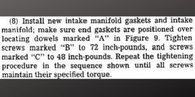 1967 426 Hemi engine removing or installing intake manifold indicating dowels.
