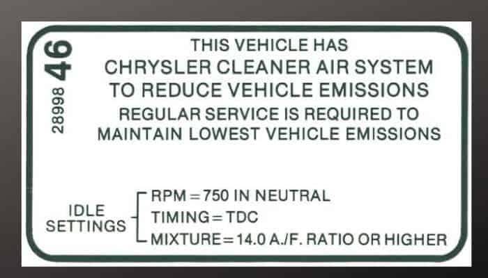 1968 426 Hemi vehicle emission control information decal for manual or automatic transmission indicating timing and idle settings.