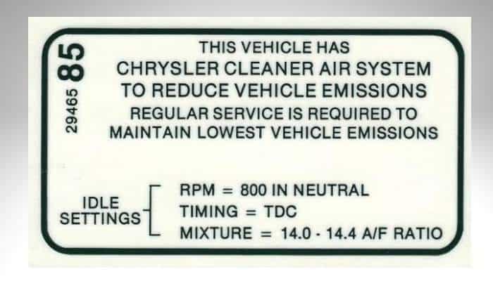 1969 426 Hemi vehicle emission control information decal for manual or automatic transmission indicating timing and idle settings.