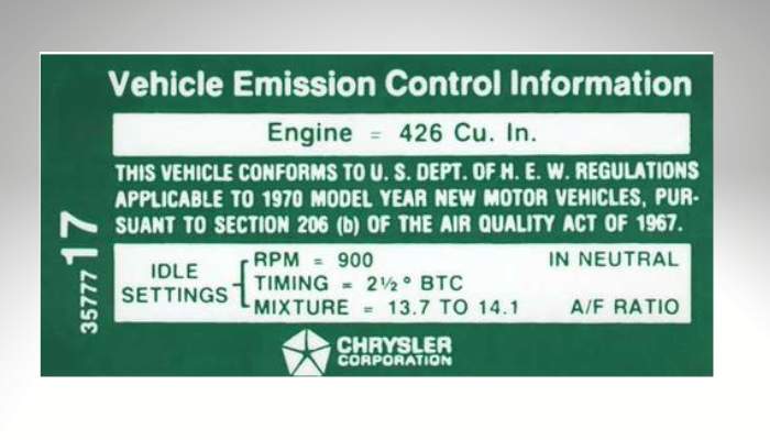 1970 426 Hemi vehicle emission control information decal for automatic transmission indicating timing and idle settings