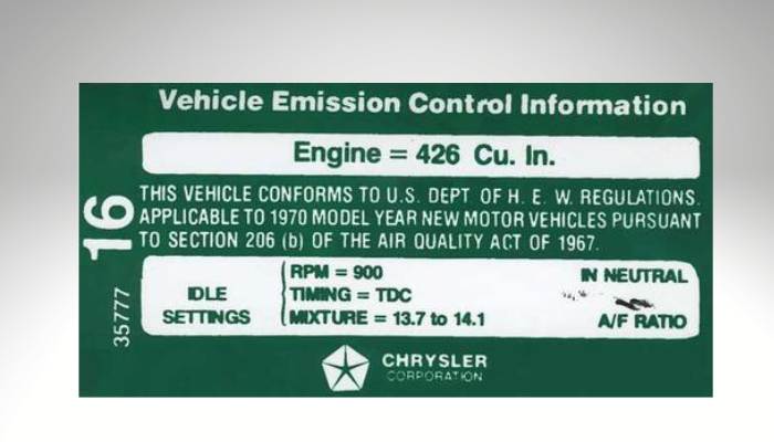 1970 426 Hemi vehicle emission control information decal for manual transmission indicating timing and idle settings