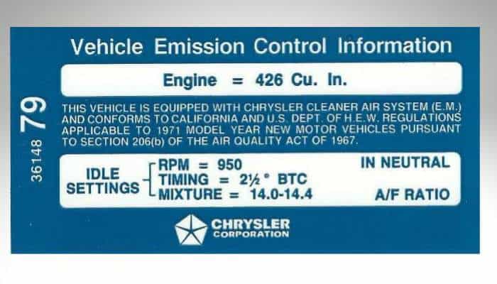 1971 426 Hemi vehicle emission control information decal for automatic transmission indicating timing and idle settings.