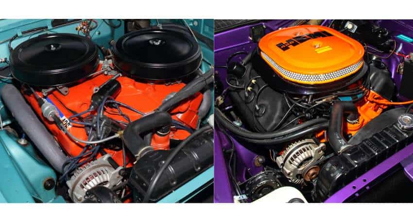 A 426 Max Wedge on the left and a 426 Hemi on the right