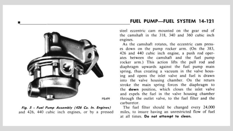 425 Hemi fuel pump from the Plymouth service manual.