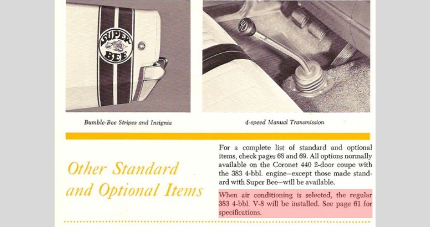 1968 Dodge Super Bee Data book indicating a regular 383 with A/C.