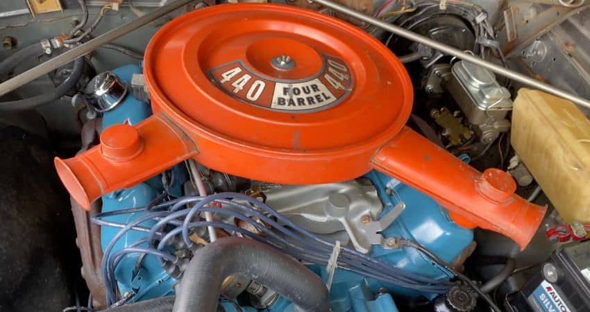 A 1974 440 high performance engine in a 1974 Plymouth Road Runner GTX.